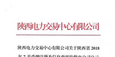 陜西電力交易中心有限公司關(guān)于陜西省2018年7月受理注冊(cè)及信息變更的售電公司公示結(jié)果的公告