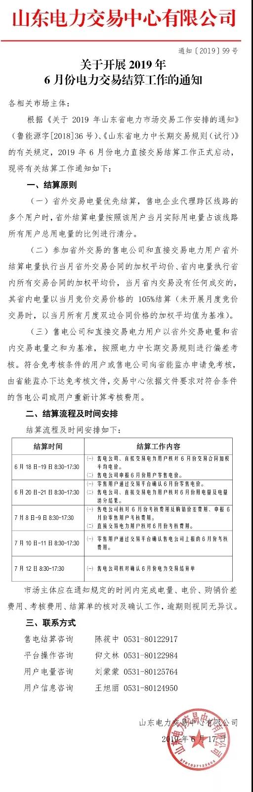 山東開展2019年6月份電力交易結(jié)算工作