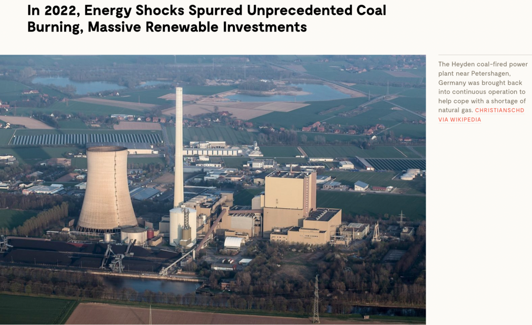 2022年能源危機(jī)導(dǎo)致煤炭消費(fèi)反彈，但可再生能源投資上升更快